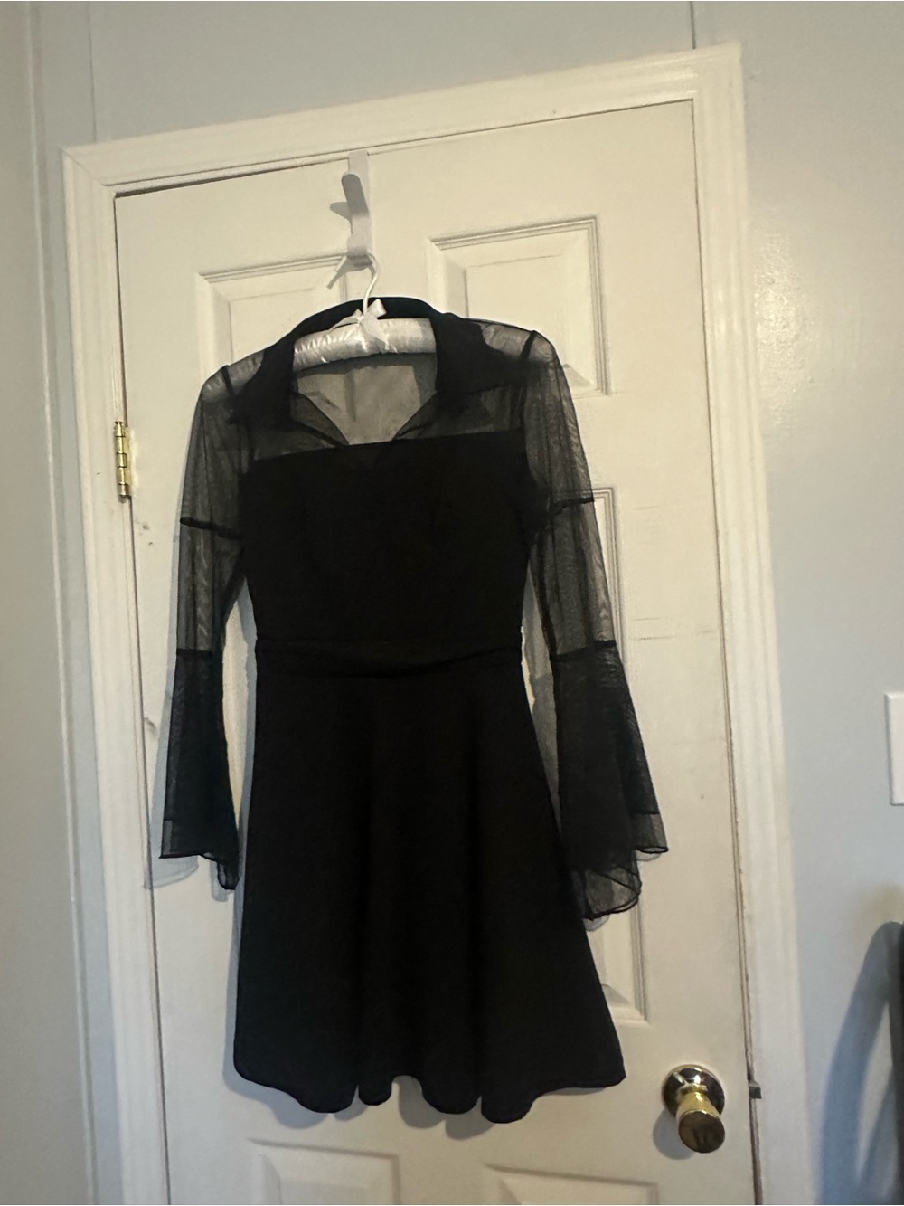 Whimsigoth Black Mini Dress with Sheer Bell Sleeves and Bat Collar size S
